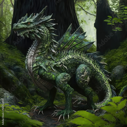dragon in the green forest, generative AI © Iqbal