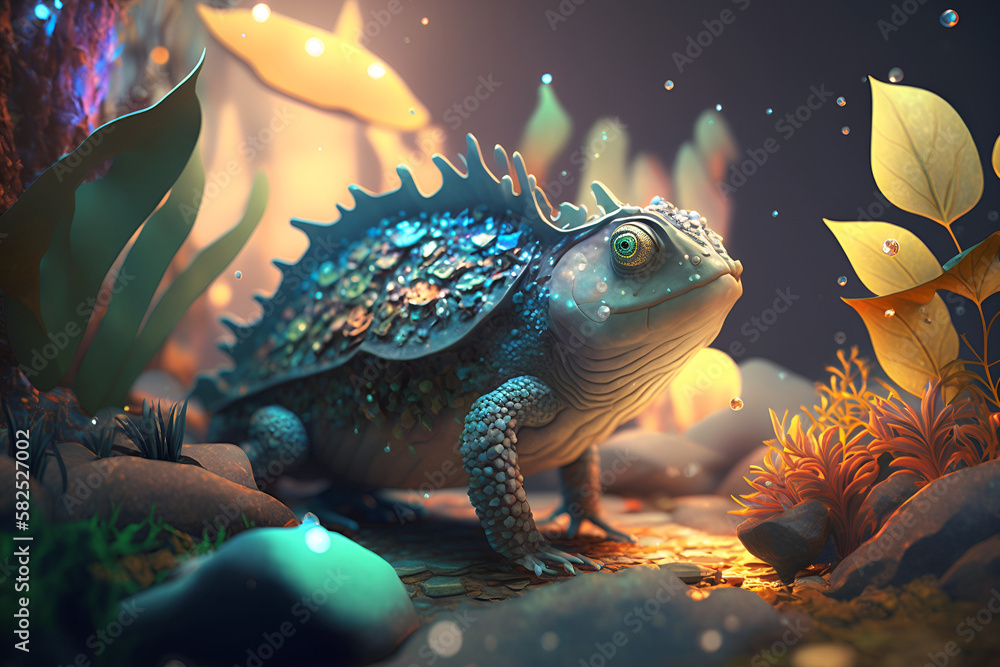 Mythical and surrealistic creature with a strange and different shape never seen before, similar to a frog, typical of a fantasy, set in a magical and imaginary world, generated by AI, digital art.