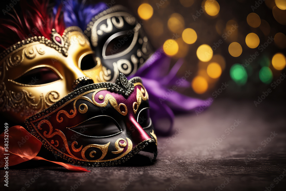 Carnival Party - Venetian Mask With Abstract Defocused Bokeh Lights And Shiny Streamers - Masquerade Disguise Concept (ai generated)