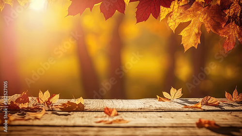 Autumn - Wooden Table With Orange Leaves And At Sunset In Defocused Abstract Background  ai generated 