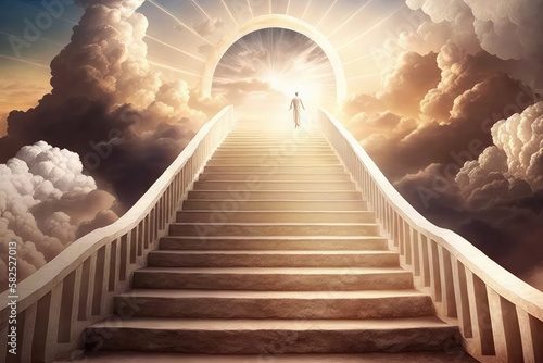 Stairway Leading Up To Sky At Sunrise - Resurrection And Entrance Of Heaven (ai generated)