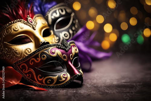 Carnival Party - Venetian Mask With Abstract Defocused Bokeh Lights And Shiny Streamers - Masquerade Disguise Concept (ai generated)