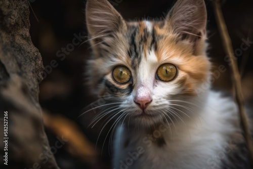 a close up of a kitten with its alert eyes and a background of cats that are blurry. Generative AI © AkuAku