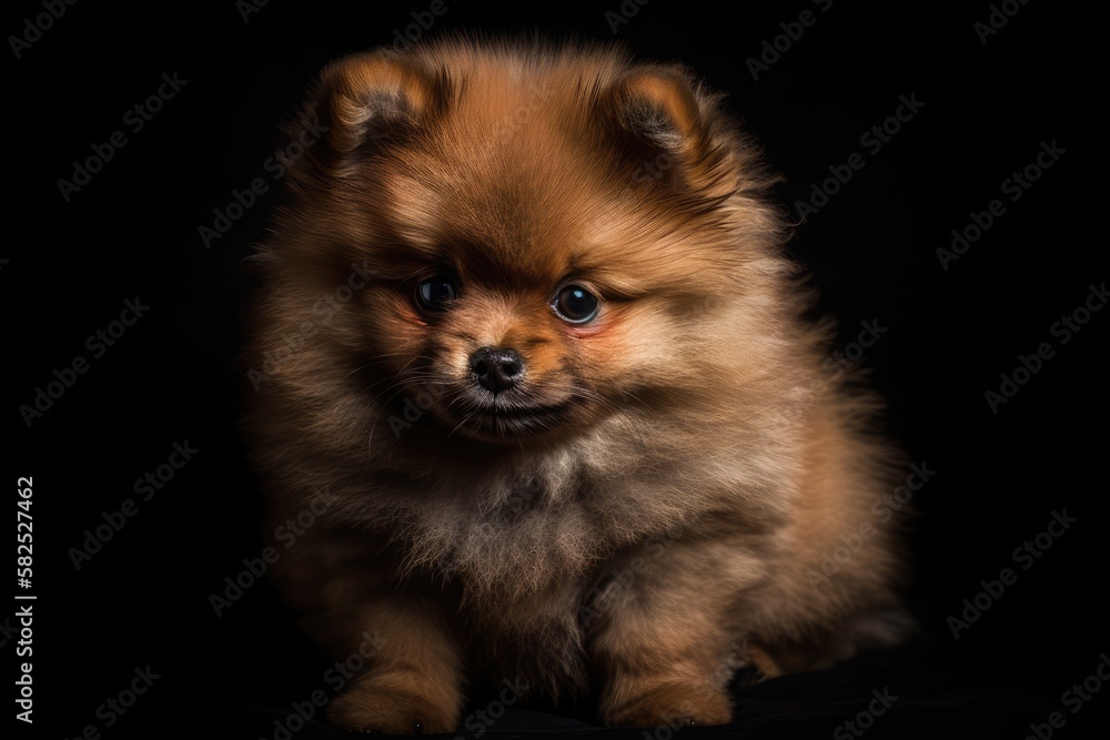 Obraz premium Puppy Pomeranian on a dark background. Generative AI