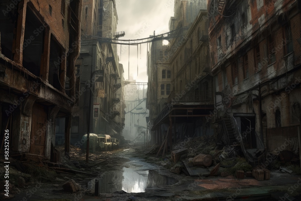 Fototapeta premium A Dystopian World of Dark and Decrepit Buildings and Apocalyptic Landscapes, Generated by AI