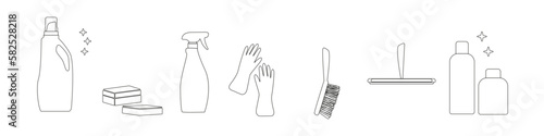 Cleaning kit, outline icons set vector illustration. Line hand drawn equipment, cleaning set: Detergent and sponge, spray, gloves and brushes, window scrapers. detergent. Cleaning vector set.