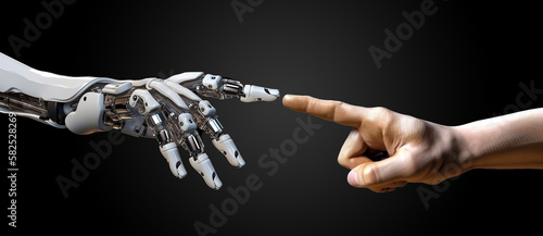 cyborg robot hand touching a human hand illustrated with generative AI