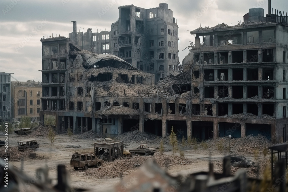 Fototapeta premium Ruined apocalyptic city destroyed at war with stormy clouds on background. Digitally generated AI image