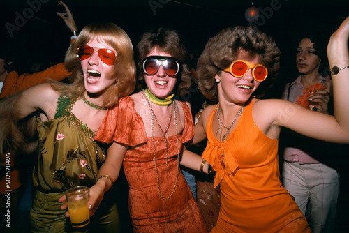 Retro dance party with friends dancing and having a great time laughing at the disco. generative AI