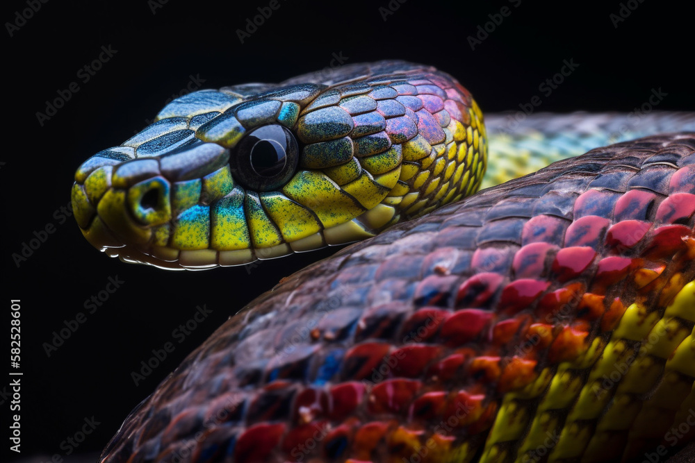 Obraz premium Macro view of colorful rainbow snake, eel moccasin. generative AI