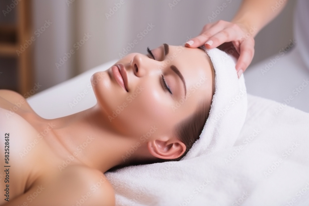 Beautiful woman receiving facial and massage at luxury spa for relaxation. generative AI Beautiful woman receiving facial and massage at luxury spa for relaxation. generative AI