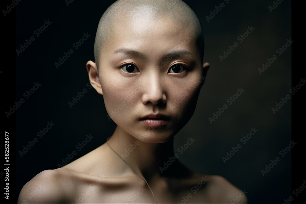 Strong Japanese bald woman with shaved head. generative AI Stock ...