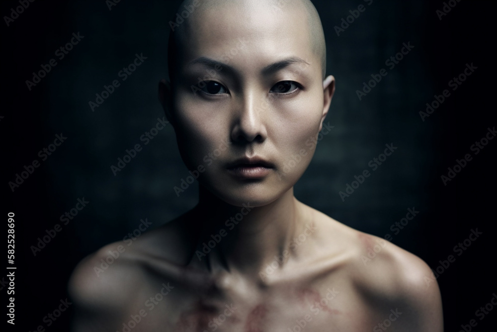 Strong Japanese bald woman with shaved head. generative AI Strong Japanese bald woman with shaved head. generative AI