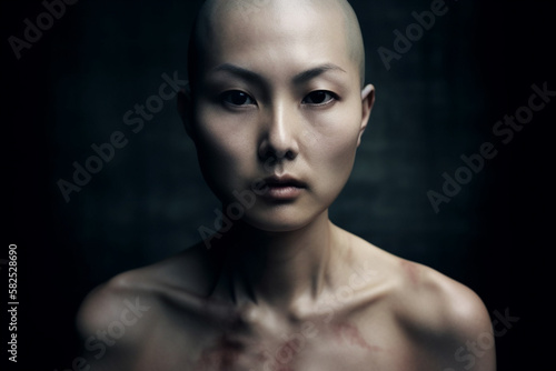 Strong Japanese bald woman with shaved head. generative AI