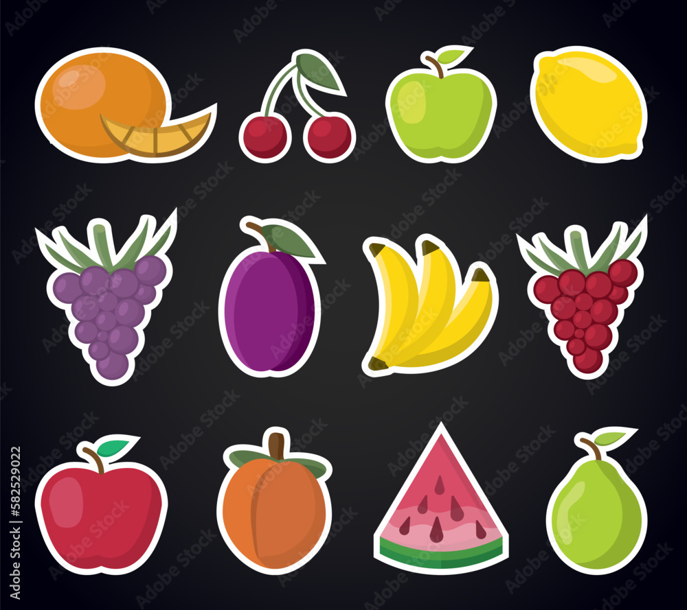 fruits, stickers set. apple, grape, peach, lemon, pear, plum, orange, cherry, banana, watermelon. healthy food, fruits, berries, simple cartoon flat vector objects. fruits, stickers set. apple, grape, peach, lemon, pear, plum, orange, cherry, banana, watermelon. healthy food, fruits, berries, simple cartoon flat vector objects.