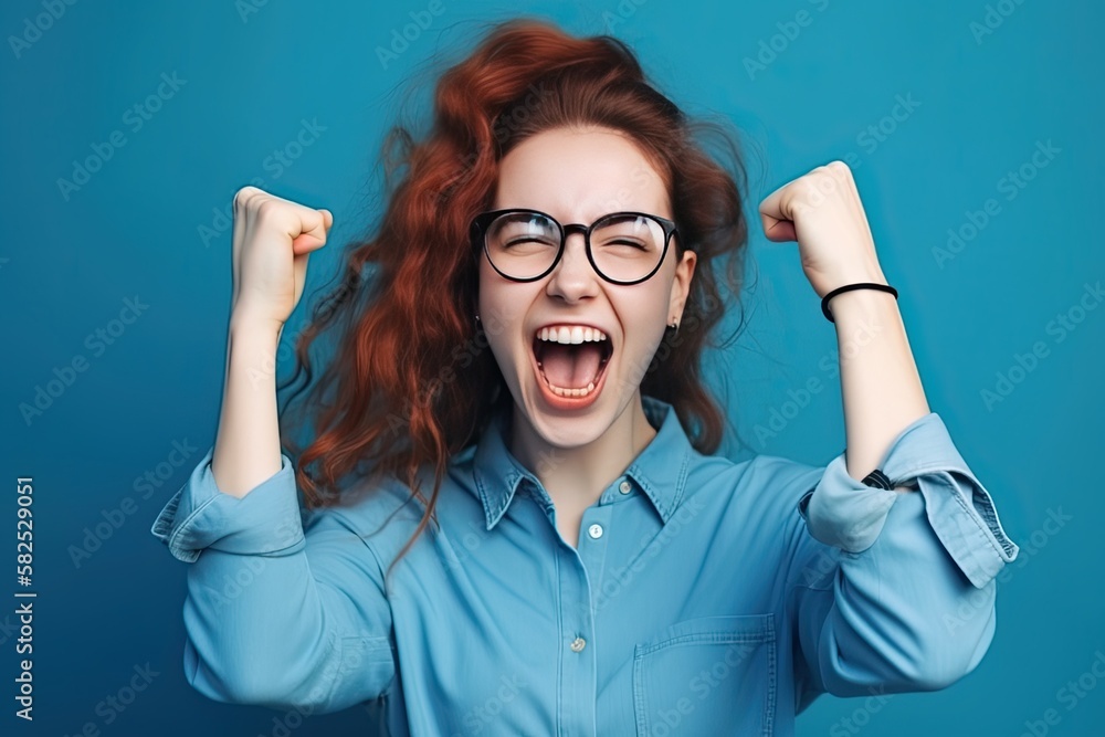 Portrait of a Woman with Fists in the Air Celebrating Success,/Win on a Blue Background (Generative Ai) Portrait of a Woman with Fists in the Air Celebrating Success,/Win on a Blue Background (Generative Ai)