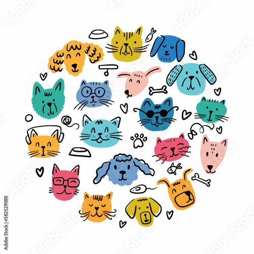 Vector round pattern with the faces of different cats and dogs, hand-drawn in doodle style