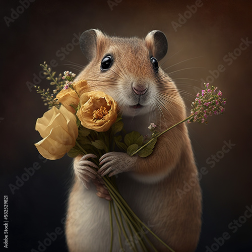 Hamster holding a bouquet of flowers photo