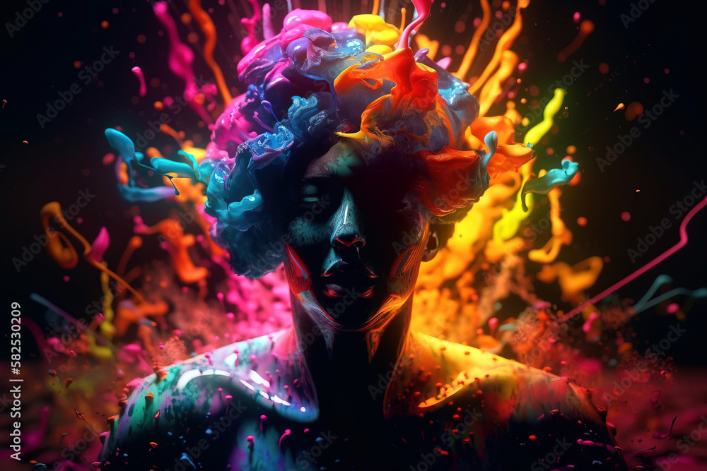 Human head with vibrant exploding energy flowing out. Brainstorming concept. Not an actual real person. Digitally generated AI image Human head with vibrant exploding energy flowing out. Brainstorming concept. Not an actual real person. Digitally generated AI image