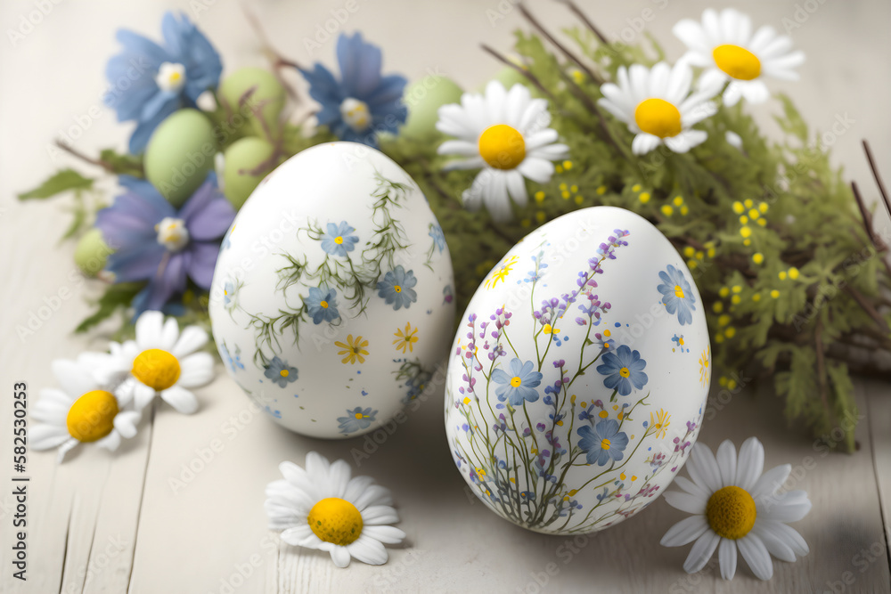 Fototapeta premium Painted Easter eggs with spring flowers on a white wooden table, Generative AI 3