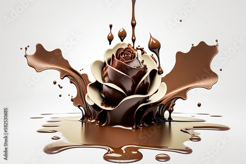 Brown chocolate rose with melted milk chocolate. Chocolates and candy with romantic flower shape. Patisserie, confectionery. Dessert for Mother's, Sant Jordi, Valentine's Day. Generative AI. photo