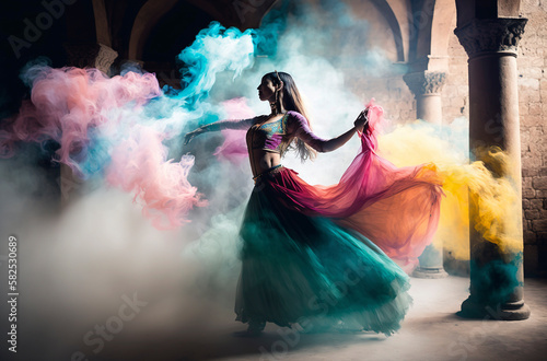 Generative AI illustration of young Arab dancer dancing the belly dance