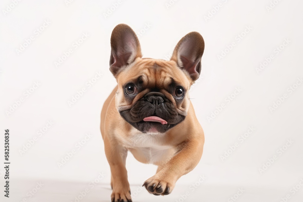 Companion. Playing little brown French Bulldog in studio, white background. Little dog, pet appears energetic, happy, and sincere and kind. concept of movement, action, and dynamic affection for pets