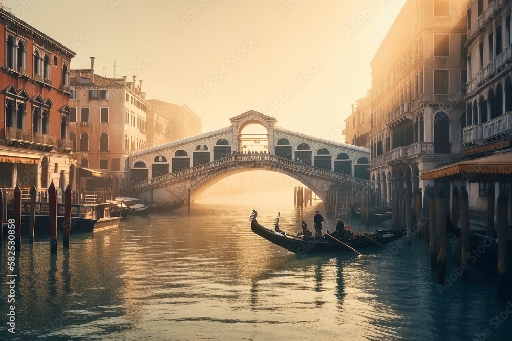 The Rialto Bridge in Venice at Dawn: Grand Canal Mist and Iconic Architecture, Generative AI