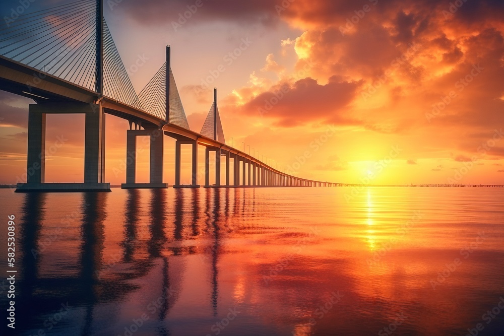 Sunshine Skyway Bridge at Sunset: Cable-Stayed Design Against Colorful Sky.