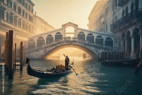 The Rialto Bridge in Venice at Dawn: Grand Canal Mist and Iconic Architecture, Generative AI