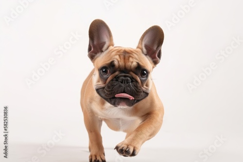 Companion. Playing little brown French Bulldog in studio, white background. Little dog, pet appears energetic, happy, and sincere and kind. concept of movement, action, and dynamic affection for pets © AkuAku