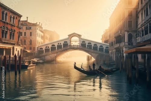 The Rialto Bridge in Venice at Dawn: Grand Canal Mist and Iconic Architecture, Generative AI © Creative Digital Art