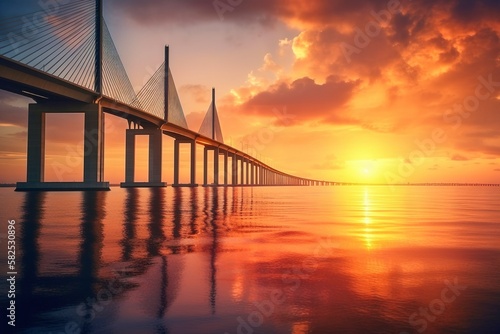 Sunshine Skyway Bridge at Sunset: Cable-Stayed Design Against Colorful Sky.