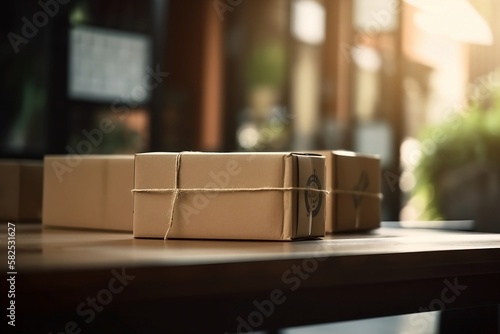 Closeup Delivery Box and Parcel on Table for Online Shopping and Commerce