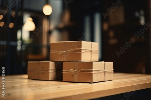 Closeup Delivery Box and Parcel on Table for Online Shopping and Commerce © Thares2020