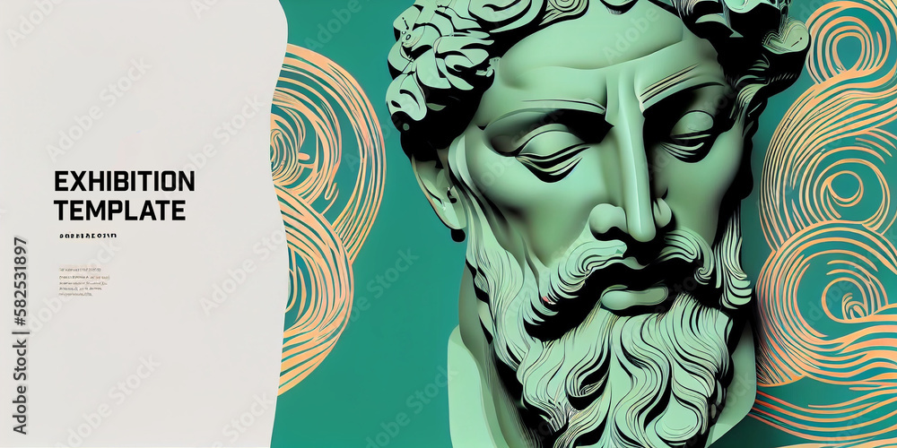 Exhibition poster or banner template. Art objects. Classical and contemporary painting, sculpture and music. Plaster bust, statues and abstract shapes, spots and lines. Generative Ai. Exhibition poster or banner template. Art objects. Classical and contemporary painting, sculpture and music. Plaster bust, statues and abstract shapes, spots and lines. Generative Ai.