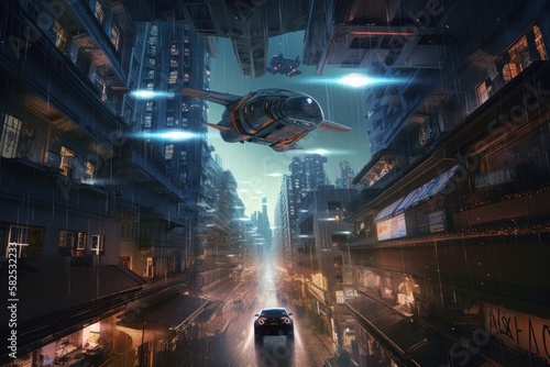 Futuristic City Concept: Flying Cars Over a Bustling Nighttime Metropolis, Generative AI © avrezn