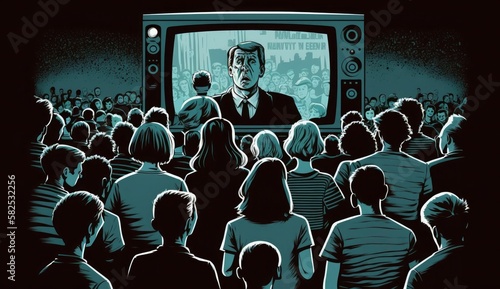 People crowd watching TV on dark background. TV addiction, propaganda and fake news concept. Created with Generative AI