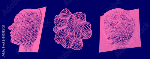 3D face made of a polygonal mesh. Conceptual illustration of face recognition systems. 
