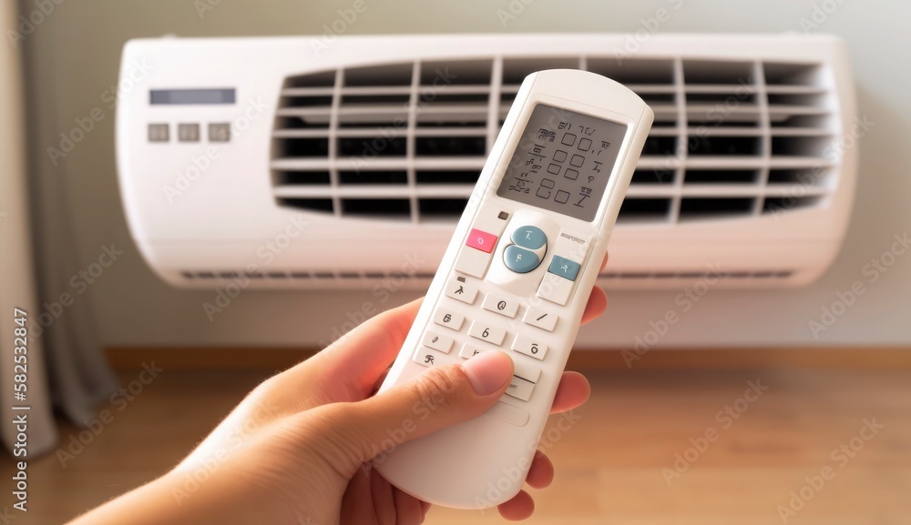 Hand adjusting temperature on air conditioner with remote control