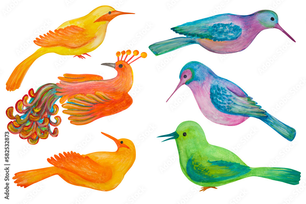 Obraz premium set of different birds drawn in watercolor and isolated on a transparent background.