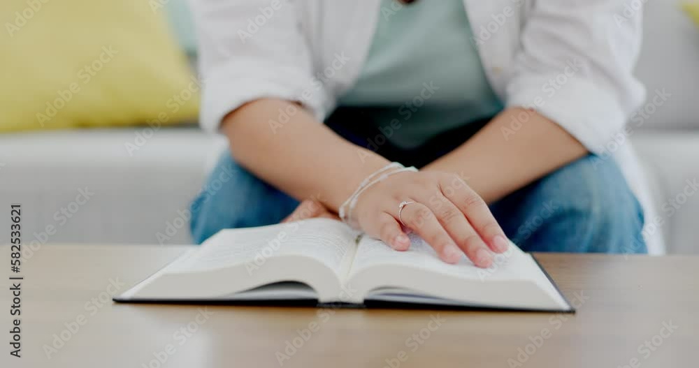 Hands, bible book and table with woman, reading and religion for peace, learning and personal growth. Closeup, paper and worship god with relax mindset on living room sofa in home with education Hands, bible book and table with woman, reading and religion for peace, learning and personal growth. Closeup, paper and worship god with relax mindset on living room sofa in home with education
