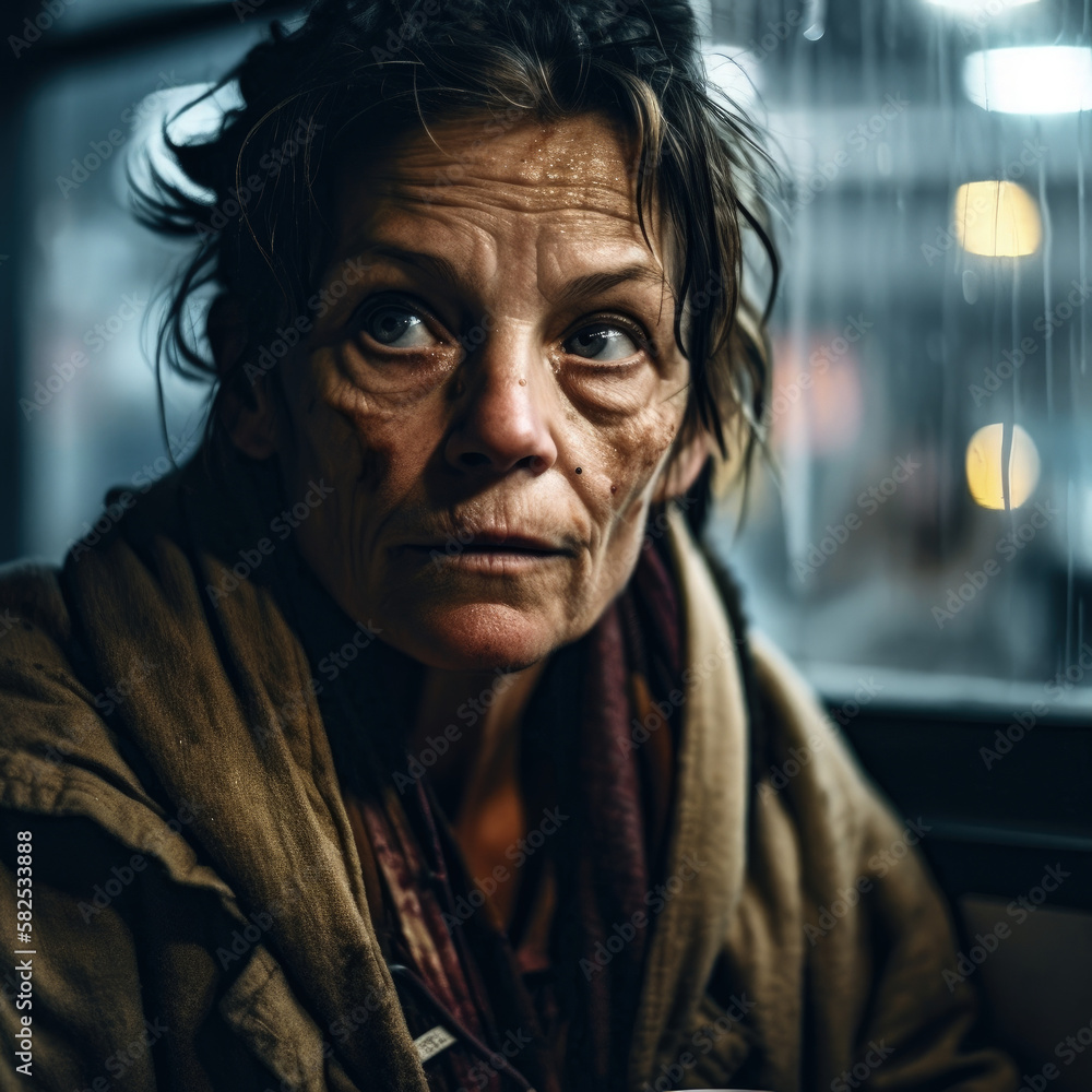 Generative AI - A homeless woman looking at the camera with a sad look on her face and eyes, cinematic photography, a character portrait, neoism