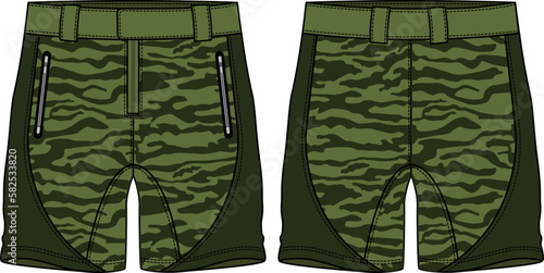 Camouflage Chino sartorial Shorts design flat sketch vector illustration, denim printed casual shorts concept with front and back view, printed walking bermuda walking shorts design illustration