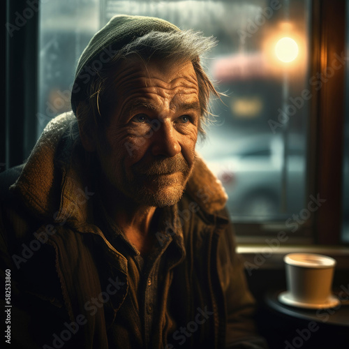 Generative AI - A homeless man with a beard and a jacket looking out a window at a street at night with a cup of coffee,cinematic photography, a character portrait, photorealism