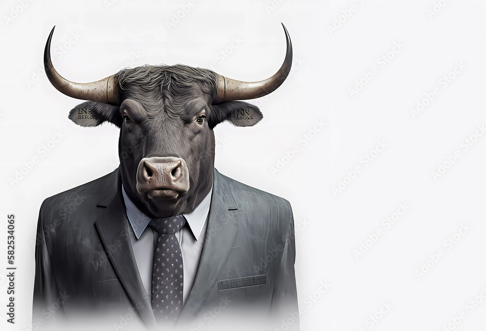 Bull s in a suit and white shirt. Close-up. Portrait of a bull. Banner. Generated AI Bull s in a suit and white shirt. Close-up. Portrait of a bull. Banner. Generated AI