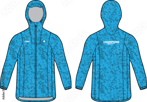 Long sleeve running shell Hoodie jacket design flat sketch Illustration, Hooded weather jacket with front and back view, winter jacket for Men and women. for hiker, outerwear and workout in winter