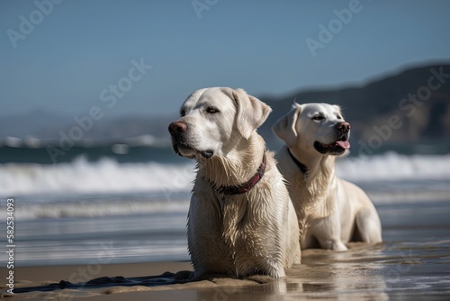 dogs on the Atxabiribil beach in Sopelana, Vizcaya. Sunday afternoon. Generative AI