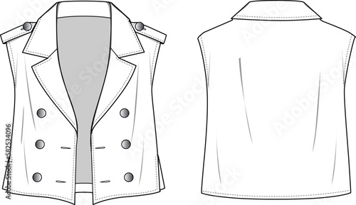 Unisex Military Waistcoat. Technical fashion illustration. Front and back, white color. Unisex CAD mock-up.