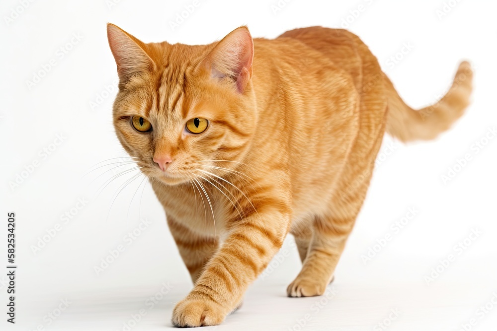 Stunning Domestic Orange striped cat walking in odd, hilarious, and strange positions. portrait of an animal against a white background. Generative AI Stunning Domestic Orange striped cat walking in odd, hilarious, and strange positions. portrait of an animal against a white background. Generative AI